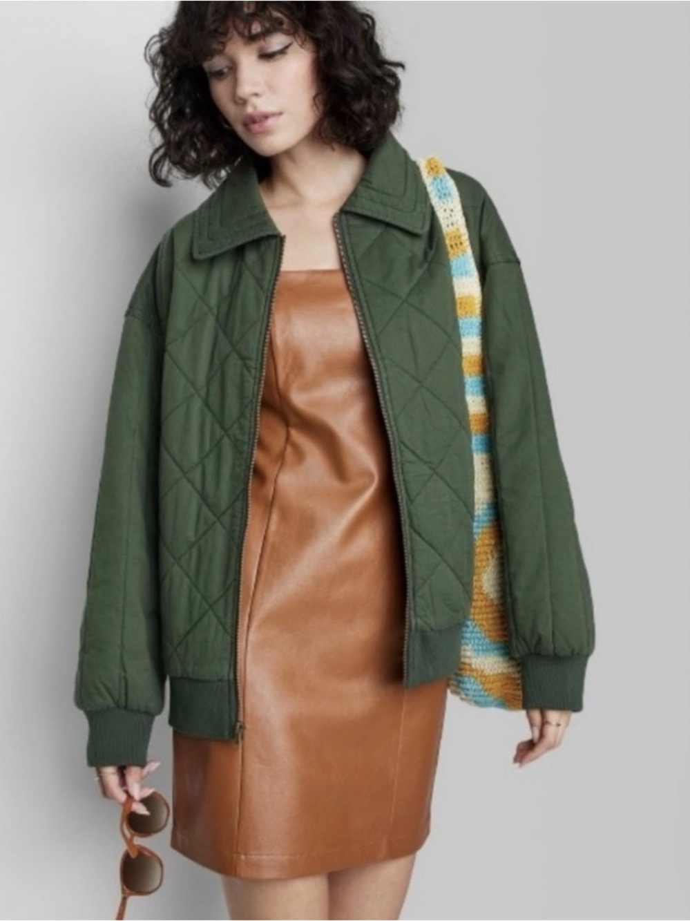 EUC Wild Fable Quilted Olive Green Bomber Jacket